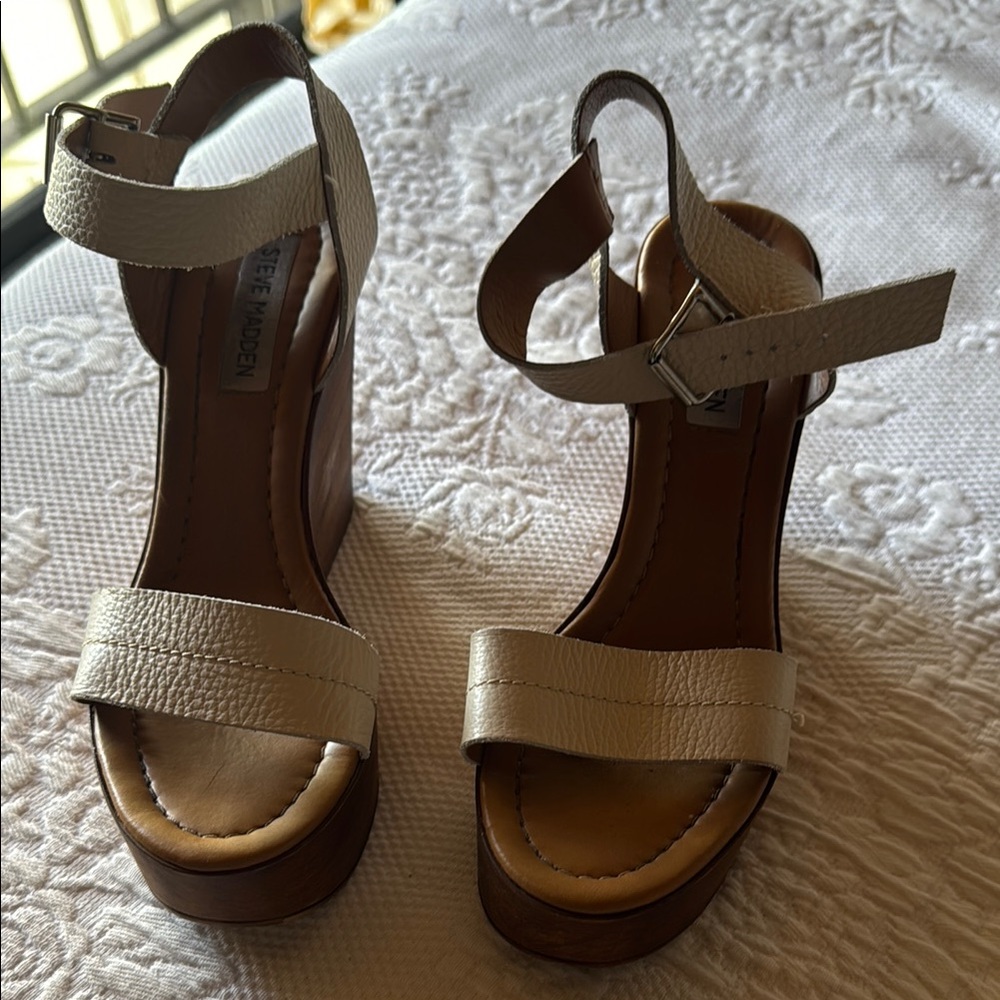 Steve Madden Cream and Brown Wedge Sandals